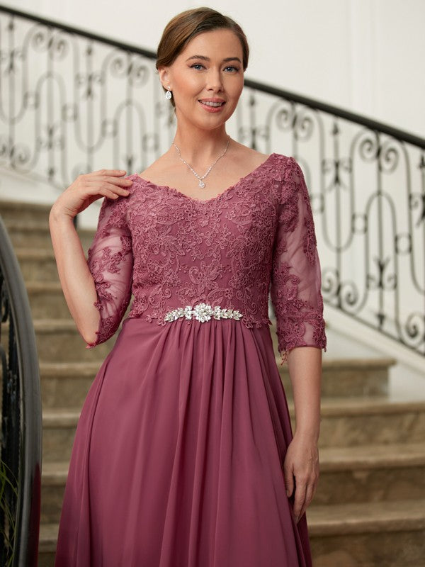 Mya A-Line/Princess Chiffon Lace V-neck 3/4 Sleeves Floor-Length Mother of the Bride Dresses DSP0020306