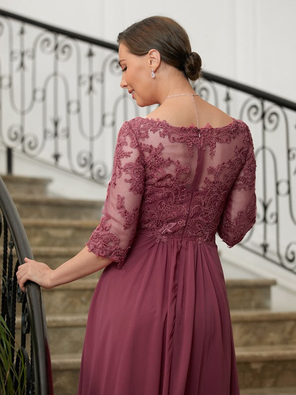 Mya A-Line/Princess Chiffon Lace V-neck 3/4 Sleeves Floor-Length Mother of the Bride Dresses DSP0020306