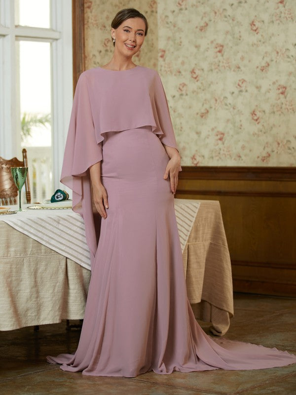 Zoe Sheath/Column Chiffon Ruffles Scoop Long Sleeves Sweep/Brush Train Mother of the Bride Dresses DSP0020360