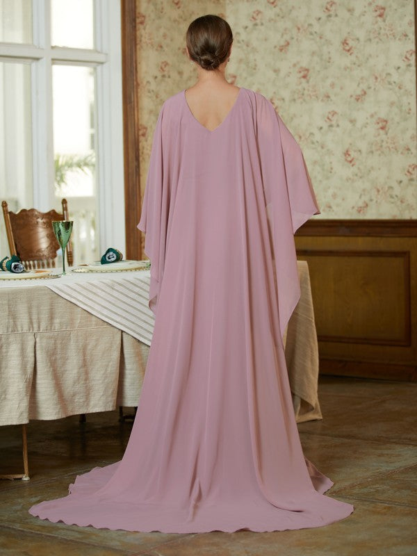 Zoe Sheath/Column Chiffon Ruffles Scoop Long Sleeves Sweep/Brush Train Mother of the Bride Dresses DSP0020360