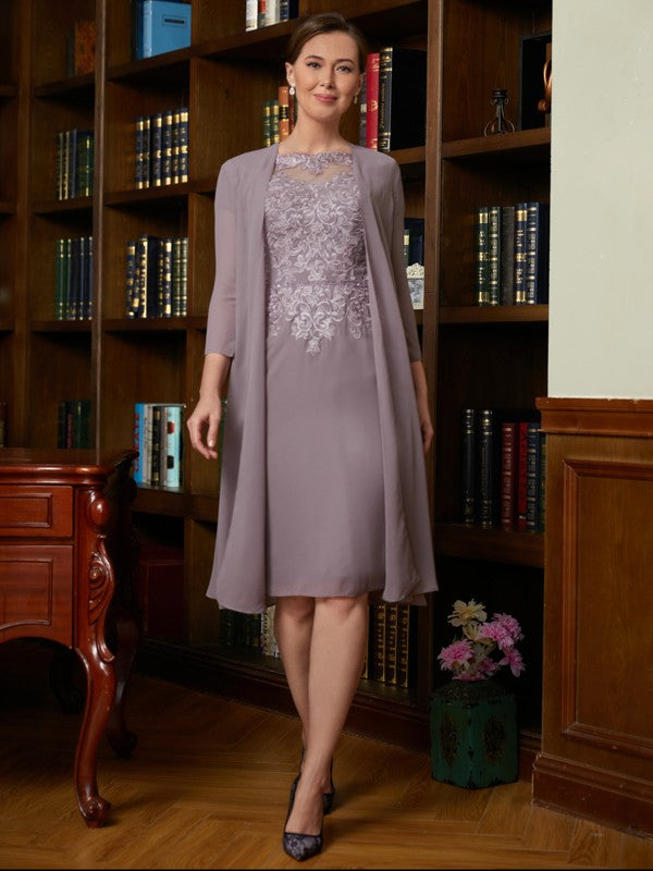 Catalina Sheath/Column Chiffon Lace Scoop Short Sleeves Knee-Length Mother of the Bride Dresses DSP0020316