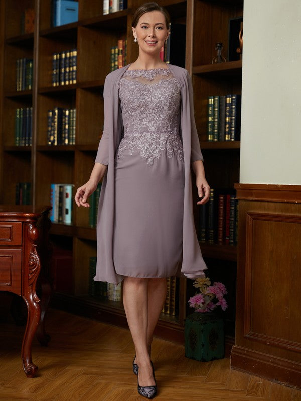 Catalina Sheath/Column Chiffon Lace Scoop Short Sleeves Knee-Length Mother of the Bride Dresses DSP0020316