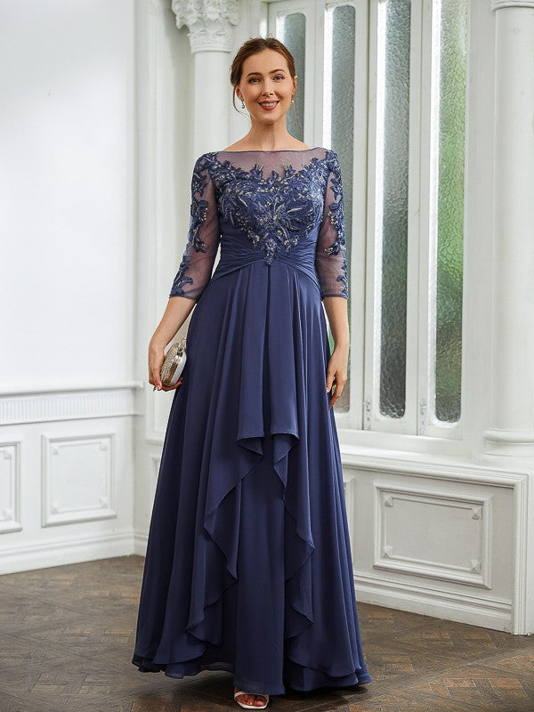 Karen A-Line/Princess Chiffon Applique Bateau 3/4 Sleeves Floor-Length Mother of the Bride Dresses DSP0020266