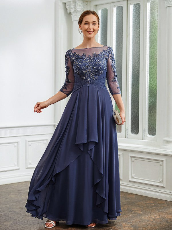 Karen A-Line/Princess Chiffon Applique Bateau 3/4 Sleeves Floor-Length Mother of the Bride Dresses DSP0020266