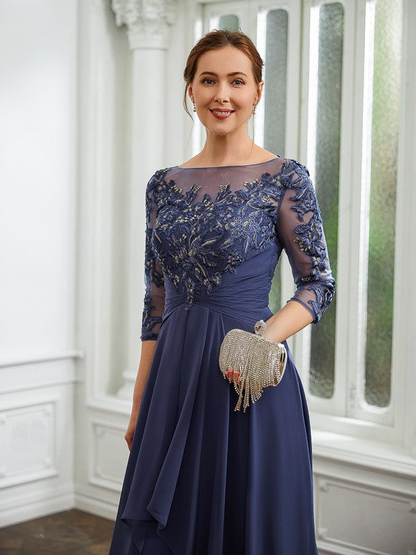 Karen A-Line/Princess Chiffon Applique Bateau 3/4 Sleeves Floor-Length Mother of the Bride Dresses DSP0020266