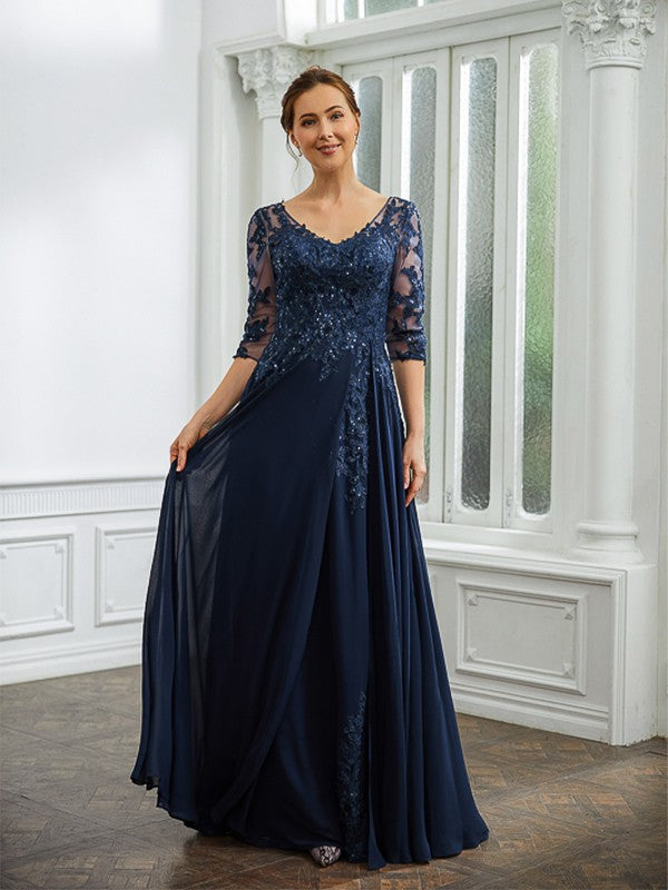 Alissa A-Line/Princess Chiffon Applique V-neck 3/4 Sleeves Floor-Length Mother of the Bride Dresses DSP0020267