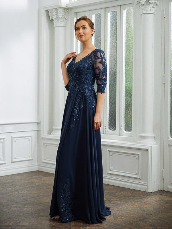 Alissa A-Line/Princess Chiffon Applique V-neck 3/4 Sleeves Floor-Length Mother of the Bride Dresses DSP0020267