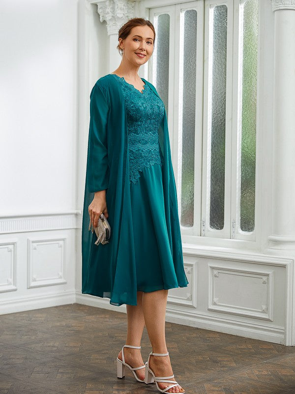 Joy A-Line/Princess Chiffon Ruched V-neck Short Sleeves Knee-Length Mother of the Bride Dresses DSP0020268