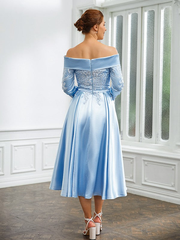 Leia A-Line/Princess Elastic Woven Satin Ruched Off-the-Shoulder Long Sleeves Tea-Length Mother of the Bride Dresses DSP0020269