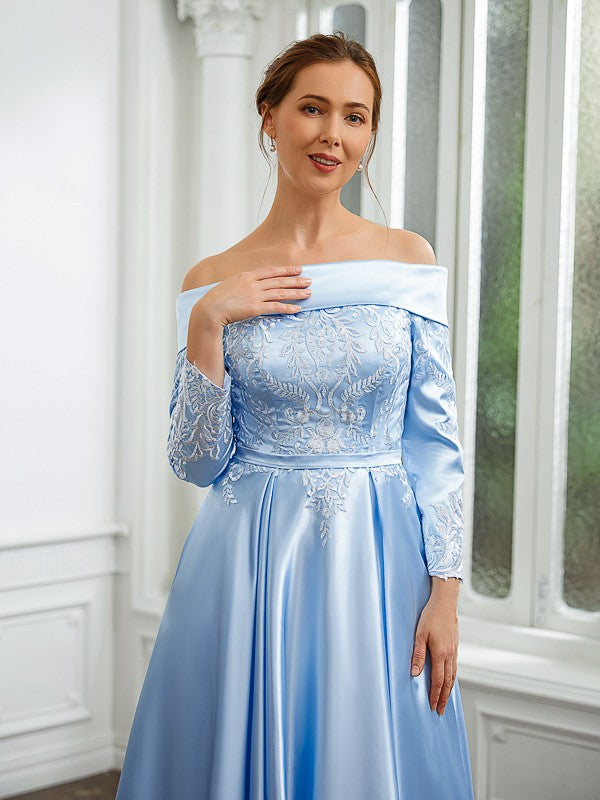 Leia A-Line/Princess Elastic Woven Satin Ruched Off-the-Shoulder Long Sleeves Tea-Length Mother of the Bride Dresses DSP0020269