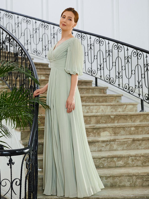 Anaya A-Line/Princess Chiffon Ruched V-neck 1/2 Sleeves Floor-Length Mother of the Bride Dresses DSP0020271