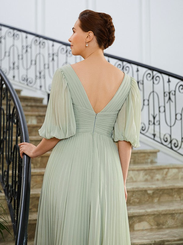 Anaya A-Line/Princess Chiffon Ruched V-neck 1/2 Sleeves Floor-Length Mother of the Bride Dresses DSP0020271