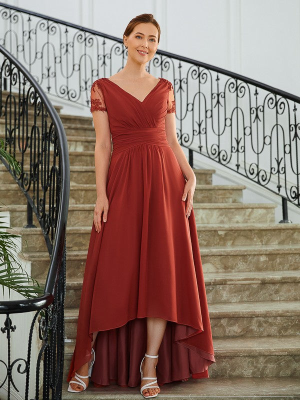 Maryjane A-Line/Princess Chiffon Ruched V-neck Short Sleeves Asymmetrical Mother of the Bride Dresses DSP0020273