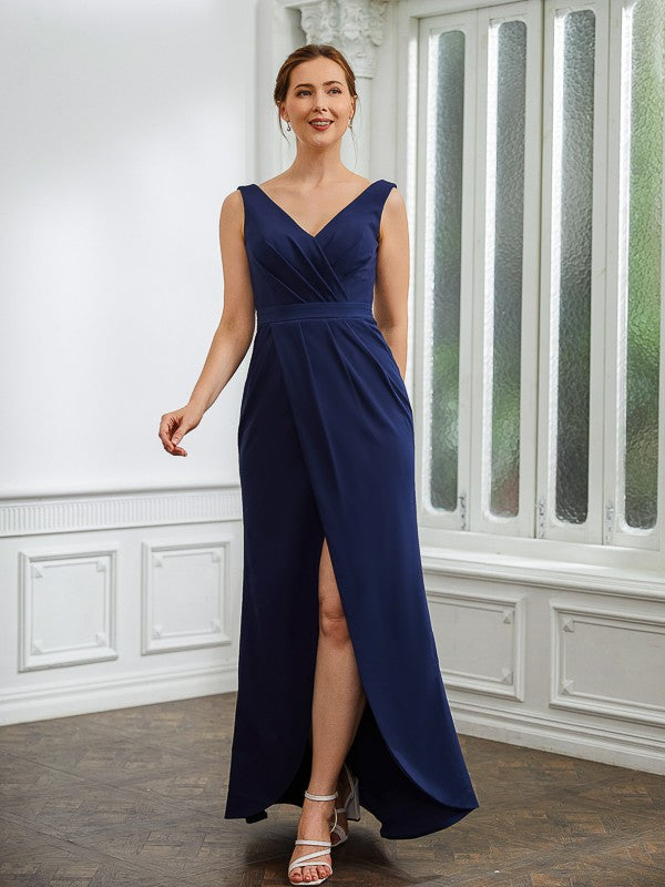 Kaiya Sheath/Column Stretch Crepe Ruched V-neck Sleeveless Floor-Length Mother of the Bride Dresses DSP0020258