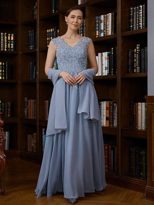 Ellie A-Line/Princess Chiffon Applique V-neck Sleeveless Floor-Length Mother of the Bride Dresses DSP0020259