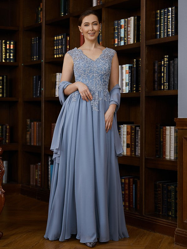 Ellie A-Line/Princess Chiffon Applique V-neck Sleeveless Floor-Length Mother of the Bride Dresses DSP0020259