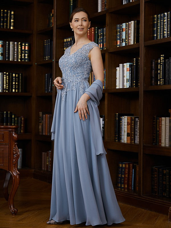 Ellie A-Line/Princess Chiffon Applique V-neck Sleeveless Floor-Length Mother of the Bride Dresses DSP0020259