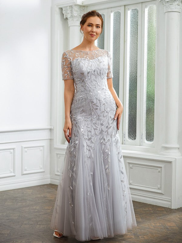 Annalise A-Line/Princess Tulle Ruched Bateau Short Sleeves Ankle-Length Mother of the Bride Dresses DSP0020261