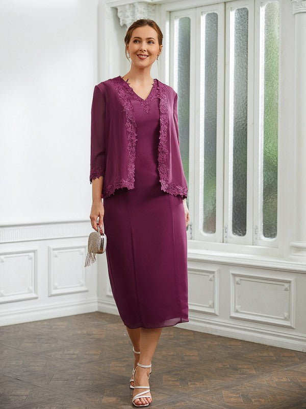 Leah Sheath/Column Chiffon Applique V-neck Sleeveless Tea-Length Mother of the Bride Dresses DSP0020263