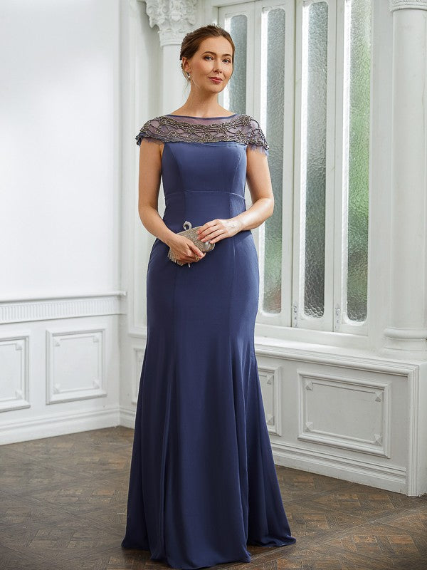 Esperanza Sheath/Column Chiffon Beading Bateau Short Sleeves Floor-Length Mother of the Bride Dresses DSP0020253