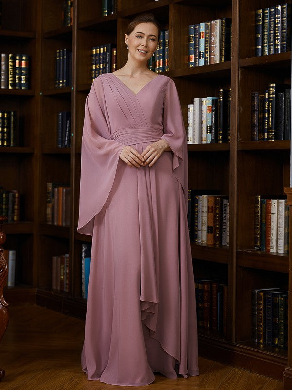 Marisol A-Line/Princess Chiffon Ruched V-neck 3/4 Sleeves Floor-Length Mother of the Bride Dresses DSP0020251