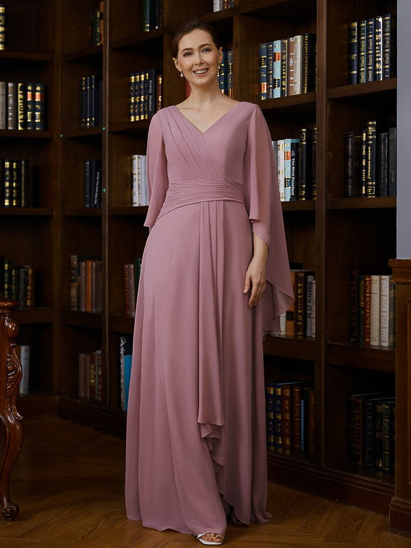 Marisol A-Line/Princess Chiffon Ruched V-neck 3/4 Sleeves Floor-Length Mother of the Bride Dresses DSP0020251