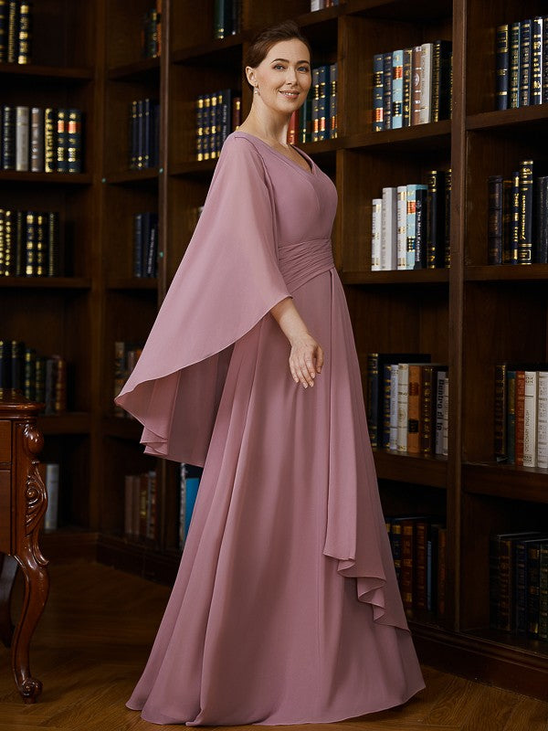 Marisol A-Line/Princess Chiffon Ruched V-neck 3/4 Sleeves Floor-Length Mother of the Bride Dresses DSP0020251