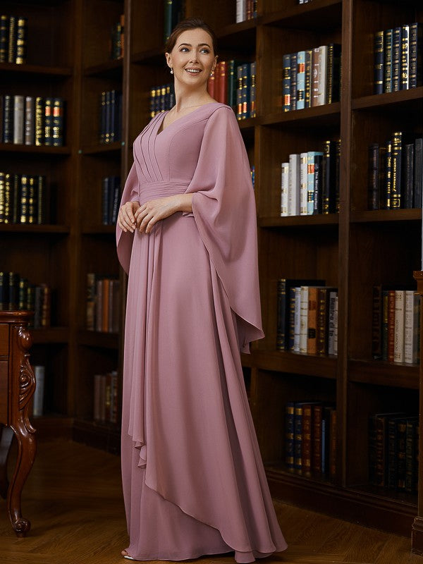 Marisol A-Line/Princess Chiffon Ruched V-neck 3/4 Sleeves Floor-Length Mother of the Bride Dresses DSP0020251