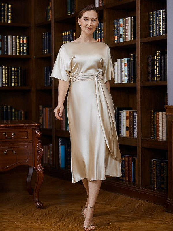 Quintina Sheath/Column Elastic Woven Satin Ruched Scoop Short Sleeves Tea-Length Mother of the Bride Dresses DSP0020242