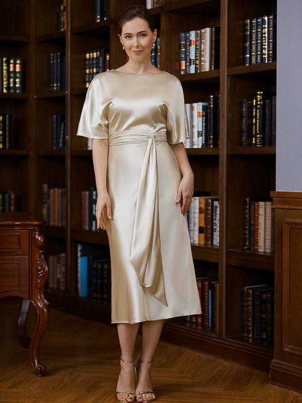 Quintina Sheath/Column Elastic Woven Satin Ruched Scoop Short Sleeves Tea-Length Mother of the Bride Dresses DSP0020242