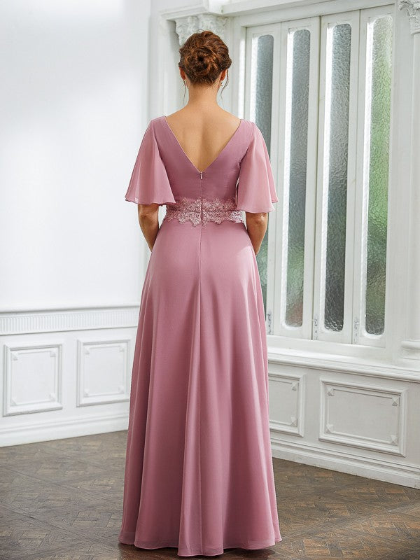 Marina A-Line/Princess Chiffon Ruched V-neck 1/2 Sleeves Floor-Length Mother of the Bride Dresses DSP0020248