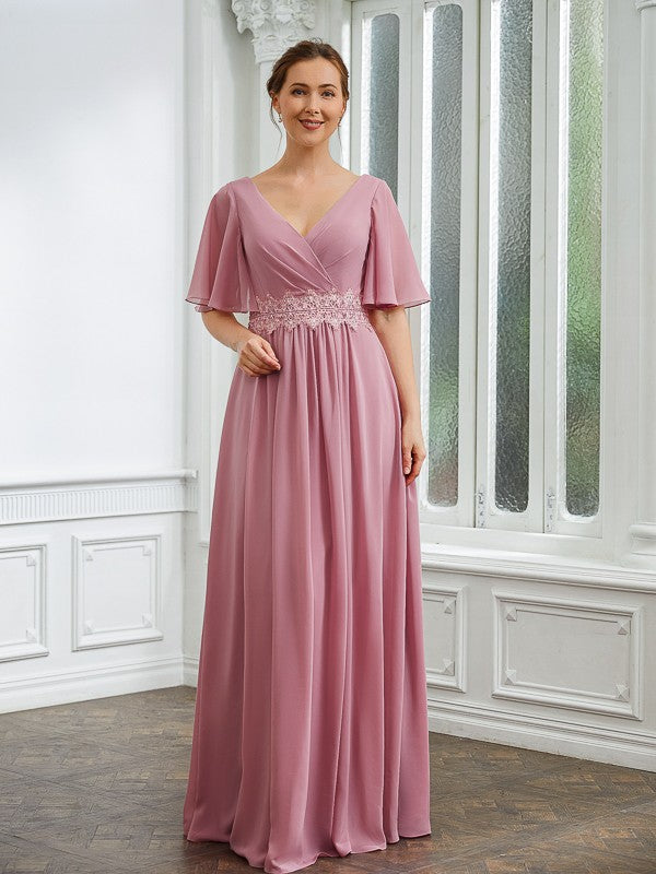 Marina A-Line/Princess Chiffon Ruched V-neck 1/2 Sleeves Floor-Length Mother of the Bride Dresses DSP0020248