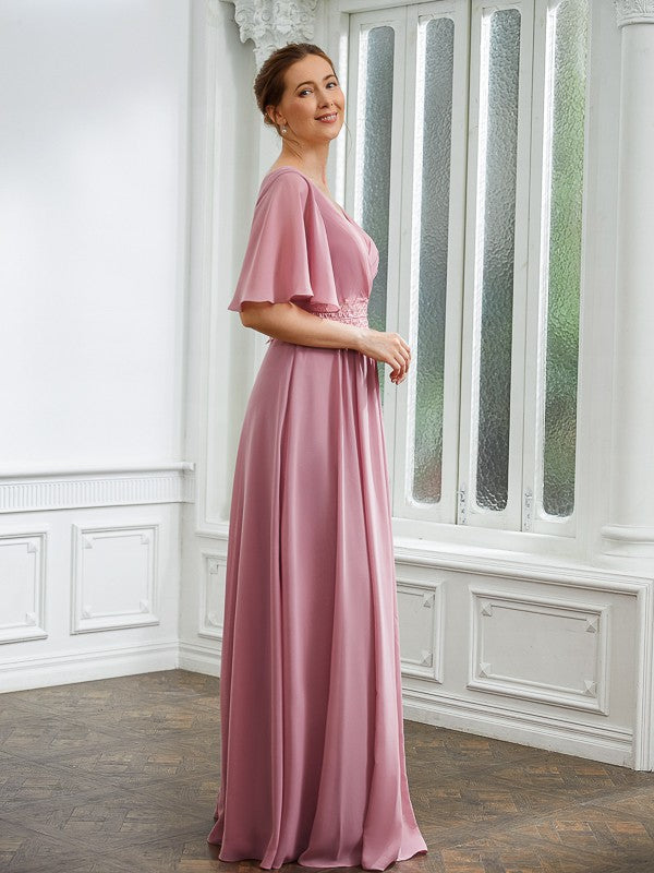 Marina A-Line/Princess Chiffon Ruched V-neck 1/2 Sleeves Floor-Length Mother of the Bride Dresses DSP0020248