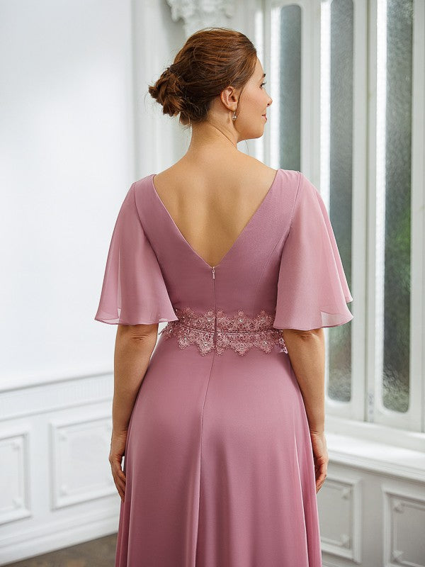 Marina A-Line/Princess Chiffon Ruched V-neck 1/2 Sleeves Floor-Length Mother of the Bride Dresses DSP0020248