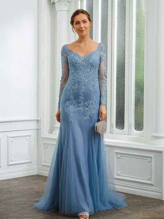 Polly Sheath/Column Tulle Applique V-neck Long Sleeves Sweep/Brush Train Mother of the Bride Dresses DSP0020244