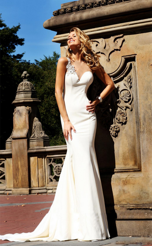 Graceful Mermaid One Shoulder Sweetheart Sleeveless Sexy Long White Satin Prom Dresses RS08