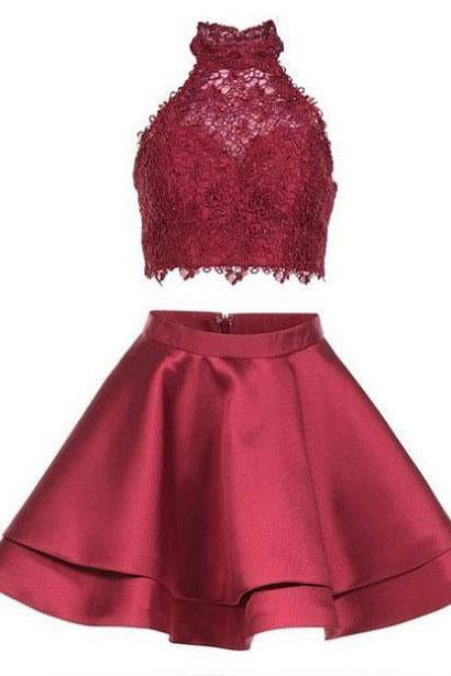 Princess Halter 2 Piece A-line Open Back Sleeveless Lace Mini Short Homecoming Dress RS246