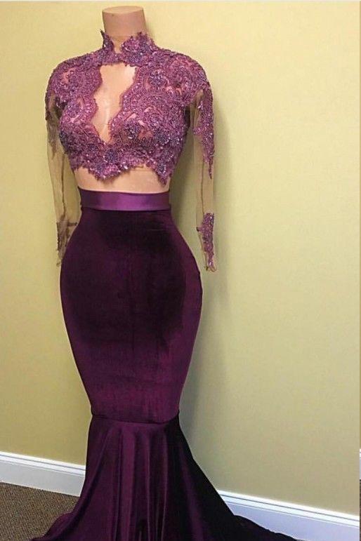 Elegant Long Sleeves Two Piece Mermaid High Neck Floor-Length Prom Dresses RS780