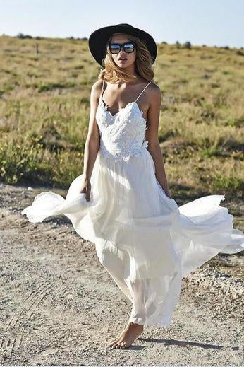 Boho Sexy Online Ivory Simple Backless Lace Beach V-Neck Long Wedding Dresses