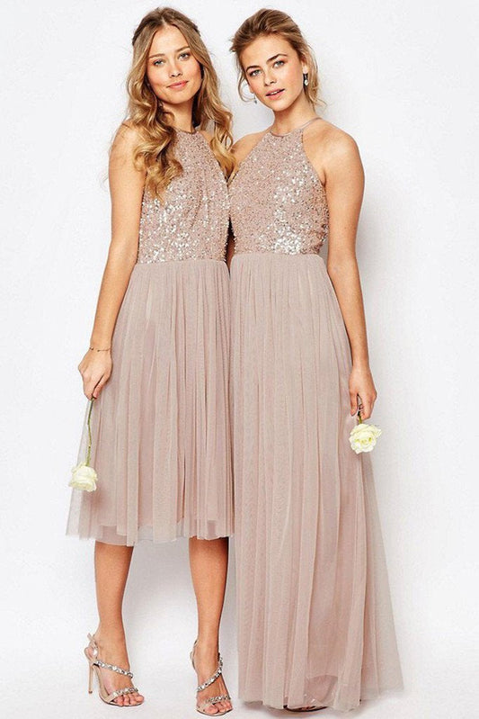 Gorgeous Glittering Top Tulle Halter Romantic Short Long Sleeveless Bridesmaid Dress RS352