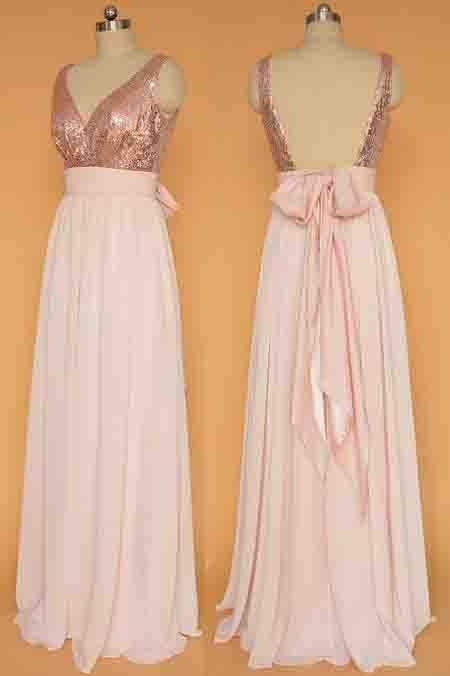 A Line Gliiter Rose Gold Sequins White Chiffon Long Bridesmaid Dresses Prom Dress RS583