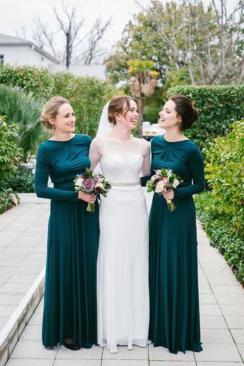 2024 Green Long Sleeve Round Neck Modest Floor-Length Satin A-Line Bridesmaid Dress RS524