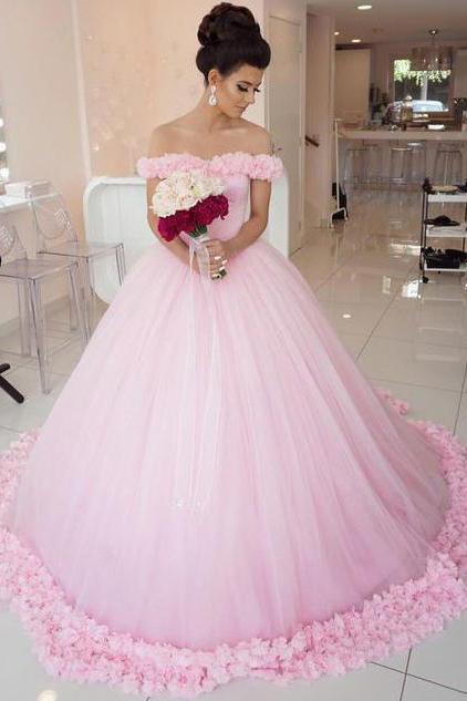 Ball Gown Off shoulder Pink Tulle Wedding Quinceanera Dresses With Flowers RS284