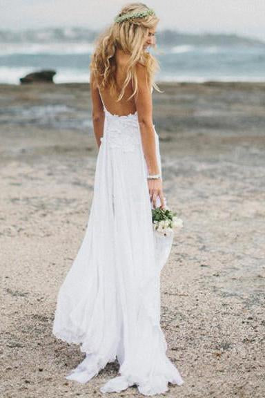 Beach Simple Casual White A-line Princess V neck Spaghetti Straps Wedding Dress RS136