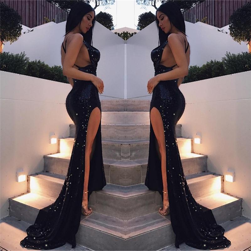 Black Criss-cross Sexy Split Latest Shiny Floor-length Mermaid Sleeveless Prom Dresses RS299