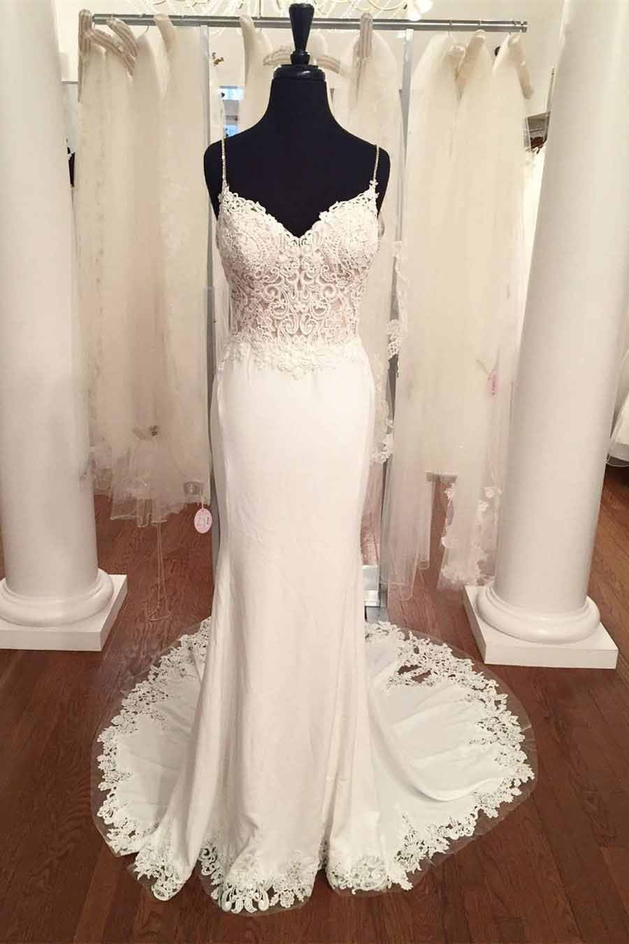 Spaghetti Strap V-Neck Vintage Lace Mermaid Backless Appliques Jersey Beach Wedding Dress RS882