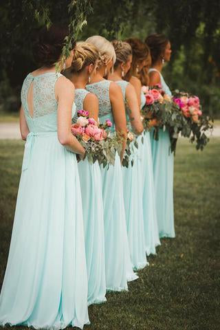 New Arrival A-Line V-Neck Floor-Length Mint Open Back Chiffon Bridesmaid Dress with Lace GD00004