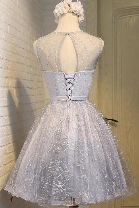 Cute Silver A Line See Through Scoop Organza Top Cheap Lace up Homecoming Dresses RS866