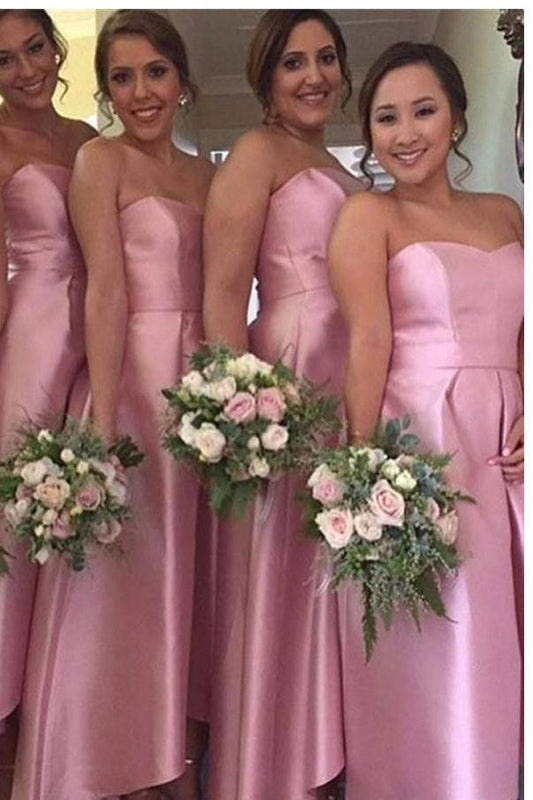 Charming A-Line Sweetheart Satin Floor-Length Pink High-Low Bridesmaid Dresses RS415