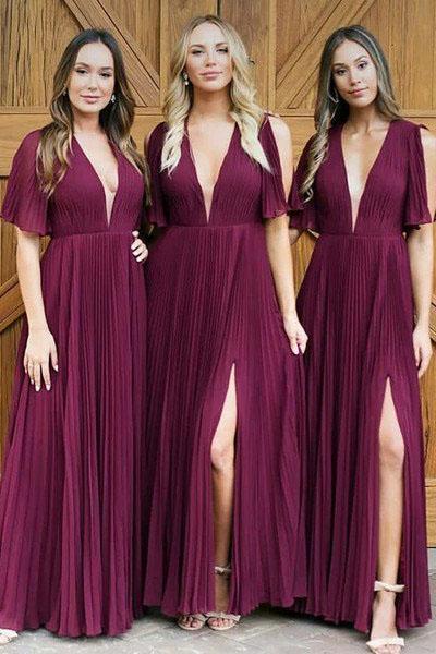 Long Deep V Neck Pleats Dark Red Chiffon Split Bridesmaid Dress Long Prom Dresses RS343